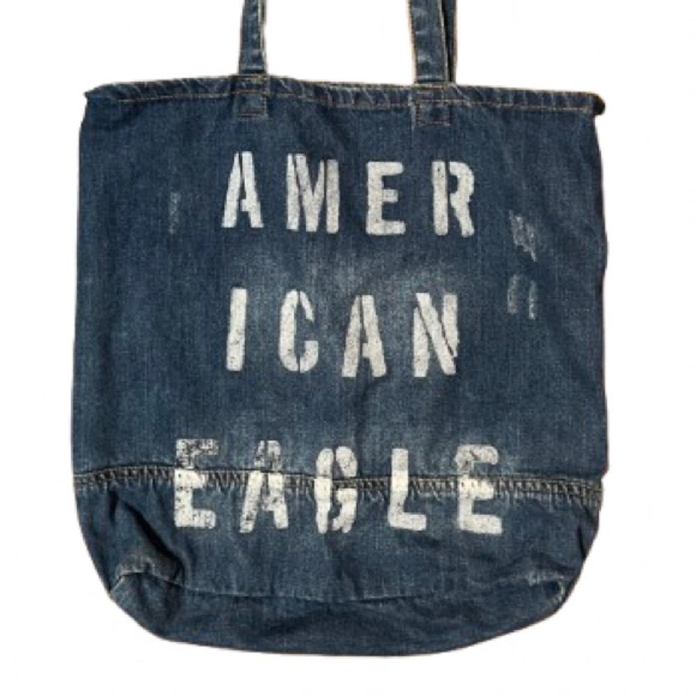 American Eagle Denim Tote Book Bag - Blue With White Stencil Lettering